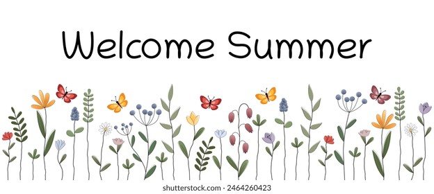 Welcome Summer. Banner with colorful flowers and butterflies.