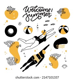 Welcome summer banner in doodle style. Swimming women set with inflatable balls, sand, corals, fish and lettering quote. Ocean holidays, travel to exotic countries collection. Hand drawn linear vector