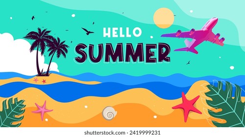 Welcome summer. banner and poster template design Illustration welcoming summer with a view of flowing beach water and starfish. Hello Summer. File EPS 10. This is not generative AI