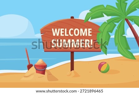 Welcome summer beach poster. Wooden banner on sea coast, palm and plastic bucket for sand and shovel. Tropical vacation, nowaday vector background