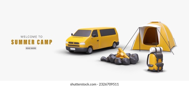 Welcome to summer camp. Horizontal poster with realistic scene, text, link button. Advertising of tourist business. 3D yellow tent, minivan, campfire, backpack