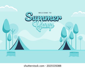 Welcome To Summer Camp Poster Design With Picnic Tents And Tree On Blue Background.