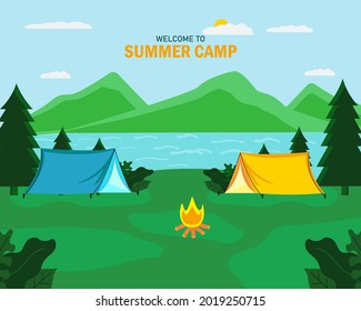 Welcome to summer camp. Vector illustration with tent, trees, mountains and river. Can be used for banners, billboards, banners, posters, etc.