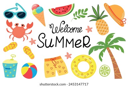 Welcome summer. Cartoon colorful summer elements set. Flat summer icons. Beach, tropical palm tree, fruits, cold food and drinks. Summertime concept. Beach hand drawn accessories.