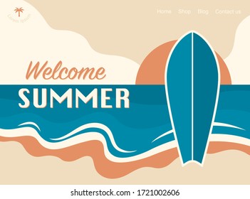 Welcome summer concept design banner. Surfing retro design. Ocean coast flat illustration. Vector background.