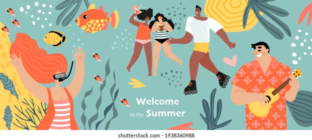 Welcome to summer concept with women with cocktails, roller skating guy, diving girl and man playing guitar. Vector banner with cartoon characters in cartoon style