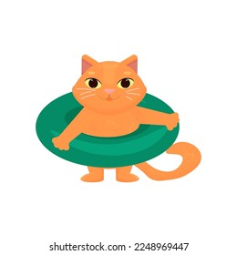 Bienvenidos al verano. círculo inflable lindo gato para nadar.ilustración vectorial de dibujos animados
