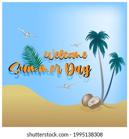 welcome summer day vector concept design. Hello summer text with colorful elements like palm tree, leaves for tropical holiday season background. Vector illustration