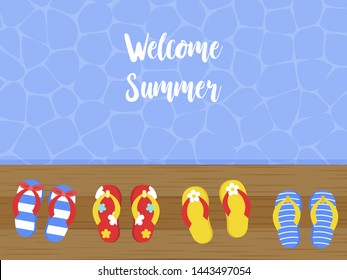 Welcome Summer, Flip flops on wooden terrace beside the sea poster