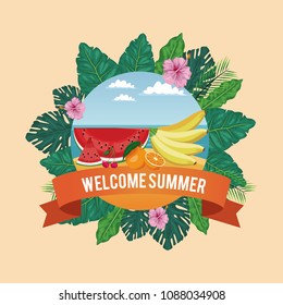Welcome summer in flowers frame with beach