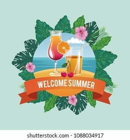 Welcome summer in flowers frame with beach