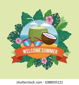 Welcome summer in flowers frame with beach