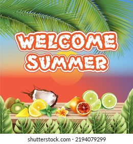 Welcome summer fruits vector background design. Welcome summer enjoy every moment text with fresh tropical slice fruit background. Vector illustration.