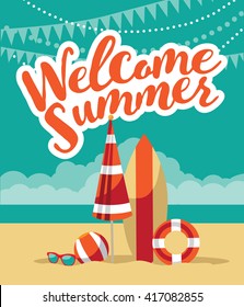 Welcome Summer Fun Flat Design. EPS 10 Vector.