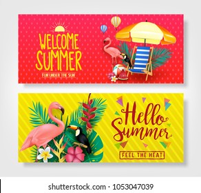 Welcome Summer and Hello Summer Creative Banners in Isolated Background. Vector Illustration