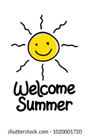 Welcome summer icon with simple cute sun graphic isolated on white