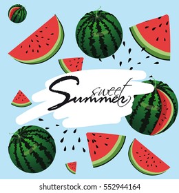 Welcome Summer inscription on the background of watermelon. Green fashion. Vector illustration on white background.