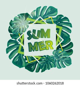 Welcome summer jungle tropical background with forest fern exotic palm leaves and sun flare. Invitation, flyer, brochure design template