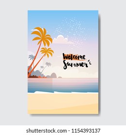 welcome summer landscape palm tree beach badge sunset design label. season holidays lettering for logo, templates, invitation, greeting card, prints and posters. vector illustration