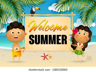 Welcome Summer lettering with happy aborigines. Tourism, summer offer or sale design. Handwritten and typed text, calligraphy. For leaflets, brochures, invitations, posters or banners.