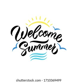 Welcome summer. lettering of label, logo, hand drawn tag and element for summer holiday, travel agency, beach vacation and party. Vector illustration.  Poster Isolated on white background.