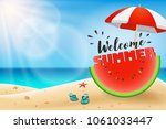 Welcome summer lettering on watermelon sliced under an umbrella. Summer background with copy space. Vector illustration