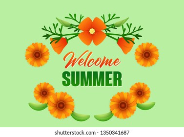 Welcome summer lettering with orange flowers. Tourism, summer offer or sale advertising design. Handwritten and typed text, calligraphy. For leaflets, brochures, invitations, posters or banners.
