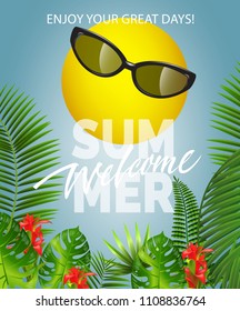 Welcome summer lettering with sun in sunglasses. Summer offer design. Handwritten and typed text, calligraphy. For leaflets, brochures, invitations, posters or banners