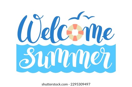 Welcome summer, logo template in a retro design. Vector illustration of summer lettering with sea waves