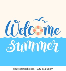 Welcome summer, logo template in a retro design. Vector illustration of summer lettering with sea waves