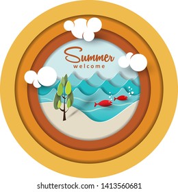 Welcome summer paper art beach background with fish on the sea and white sand for banner, flyer, invitation, poster, web site or greeting card, vector illustrator