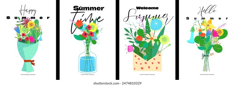 Welcome summer postcard with abstract drawing flowers in vase. Floral bouquet art hand drawn greeting card. Botanical on hello summertime holiday design. Blooms banner. Herbal plants envelope poster