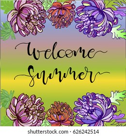 Welcome summer  postcard. Hand drawn season lettering. Ink illustration. Modern brush calligraphy. 