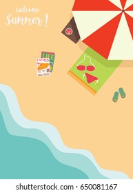 Welcome summer poster, brochure, front page, banner. Swimming suit and flip flops under the umbrella on the beach. Summer holidays illustration. Aerial view of touristic place.