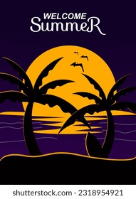 Welcome summer poster design, summer sunset poster illustration design with silhouette of palm trees, and surf board