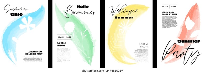 Welcome summer poster set with abstract flowers. Floral hand drawn watercolor art season hello festival placard. Summertime artistic paint brush print. Bright blooms banner. Herbal plants eps postcard