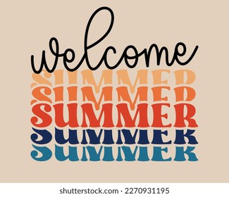 Welcome Summer quote retro groovy vintage repeat text typographic art with peach color background