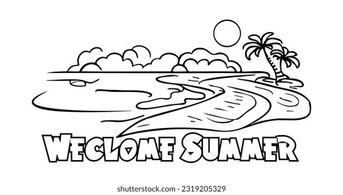 Welcome Summer Sandy beach with palm trees and rocks with flying birds in sky abstract drawing black and white outline ink drawing