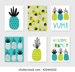 Welcome summer. Set of cute creative card templates with pineapples. Hand Drawn. For party invitations, scrapbook, print on T-shirts and bags.