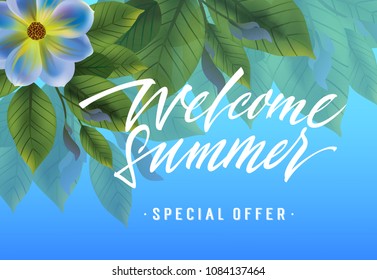 Welcome summer, special offer banner design with violet flower and leaves on sky blue background. Typed and calligraphic text can be used for labels, flyers, signs, posters.