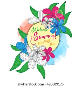 Welcome Summer Sun and Fun typographic template with waves and sun flare brochure design, T-shirt Print or Party Flayer Poster