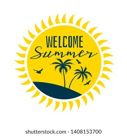 welcome summer sun label with beach silhouette