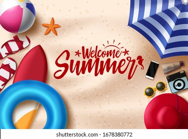 Welcome summer vector banner template. Welcome summer text with beach and travel elements like floater, camera, mobile phone, hat, sunglasses, umbrella and flip flop in sand background.