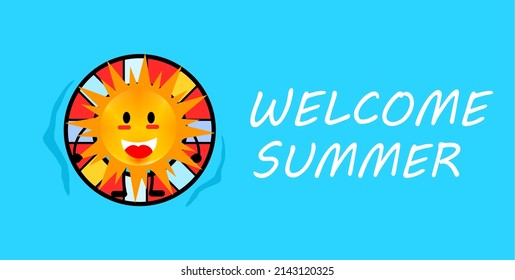 Welcome summer vector banner template. Welcome typography with tropical ocean landscape. ocean background with sun mascot resting on water ring. Vector illustration.
