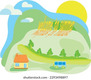 welcome to summer. vector drawing in cartoon style. house, sun, river, car, road.