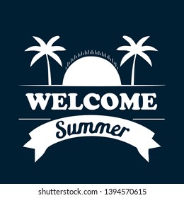 Welcome Summer vector illustration, Sun, Palm Tree, Blue background. Creative Simple design for logo or label. Hand lettering inspirational typography poster, banner, greetings card design.