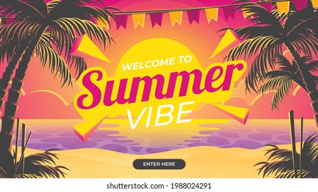 Welcome to Summer Vibe Banner with Sunset Background