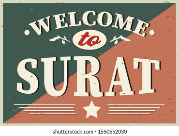 Welcome to Surat India - Vintage greeting card on a white Background