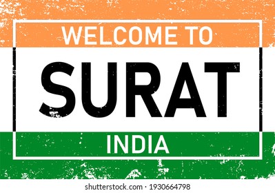 Welcome to Surat India - Vintage greeting card on a white Background