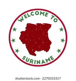 Welcome to Suriname stamp. Grunge country round stamp with texture in Autumn Crocodile color theme. Vintage style geometric Suriname seal. Neat vector illustration.